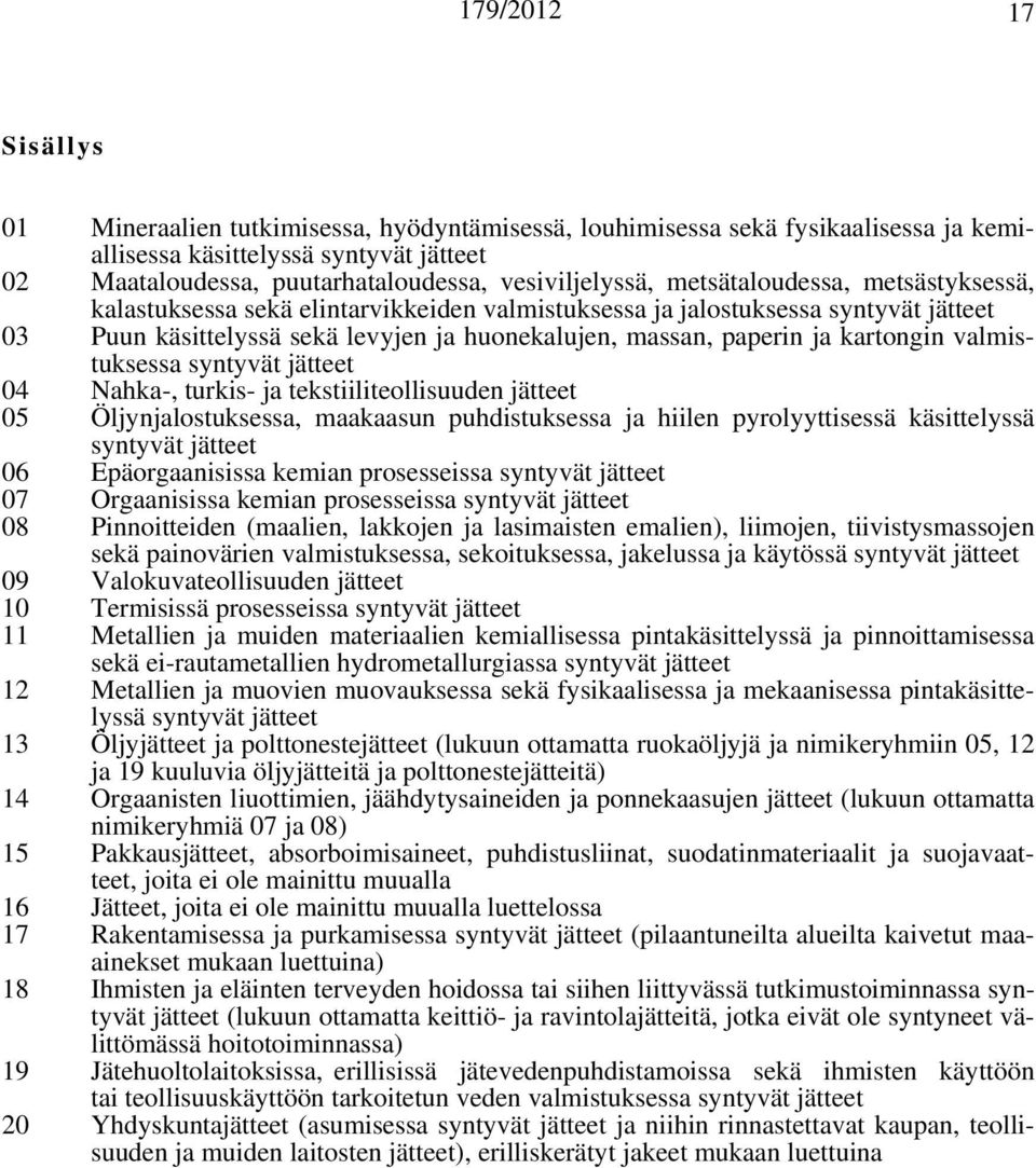 paperin ja kartongin valmistuksessa syntyvät jätteet 04 Nahka-, turkis- ja tekstiiliteollisuuden jätteet 05 Öljynjalostuksessa, maakaasun puhdistuksessa ja hiilen pyrolyyttisessä käsittelyssä