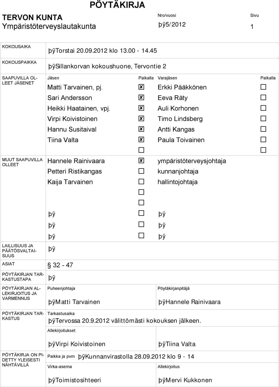 Auli Korhonen Virpi Koivistoinen Timo Lindsberg Hannu Susitaival Antti Kangas Tiina Valta Paula Toivainen MUUT SAAPUVILLA OLLEET Hannele Rainivaara Petteri Ristikangas Kaija Tarvainen