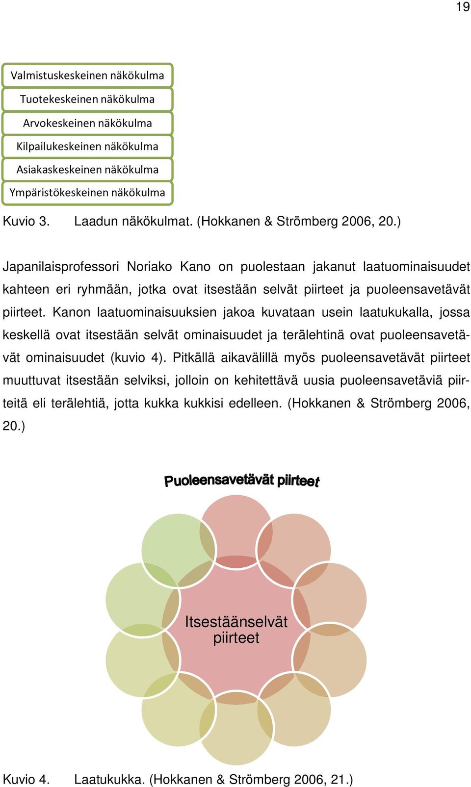 Kanon laatuominaisuuksien jakoa kuvataan usein laatukukalla, jossa keskellä ovat itsestään selvät ominaisuudet ja terälehtinä ovat puoleensavetävät ominaisuudet (kuvio 4).