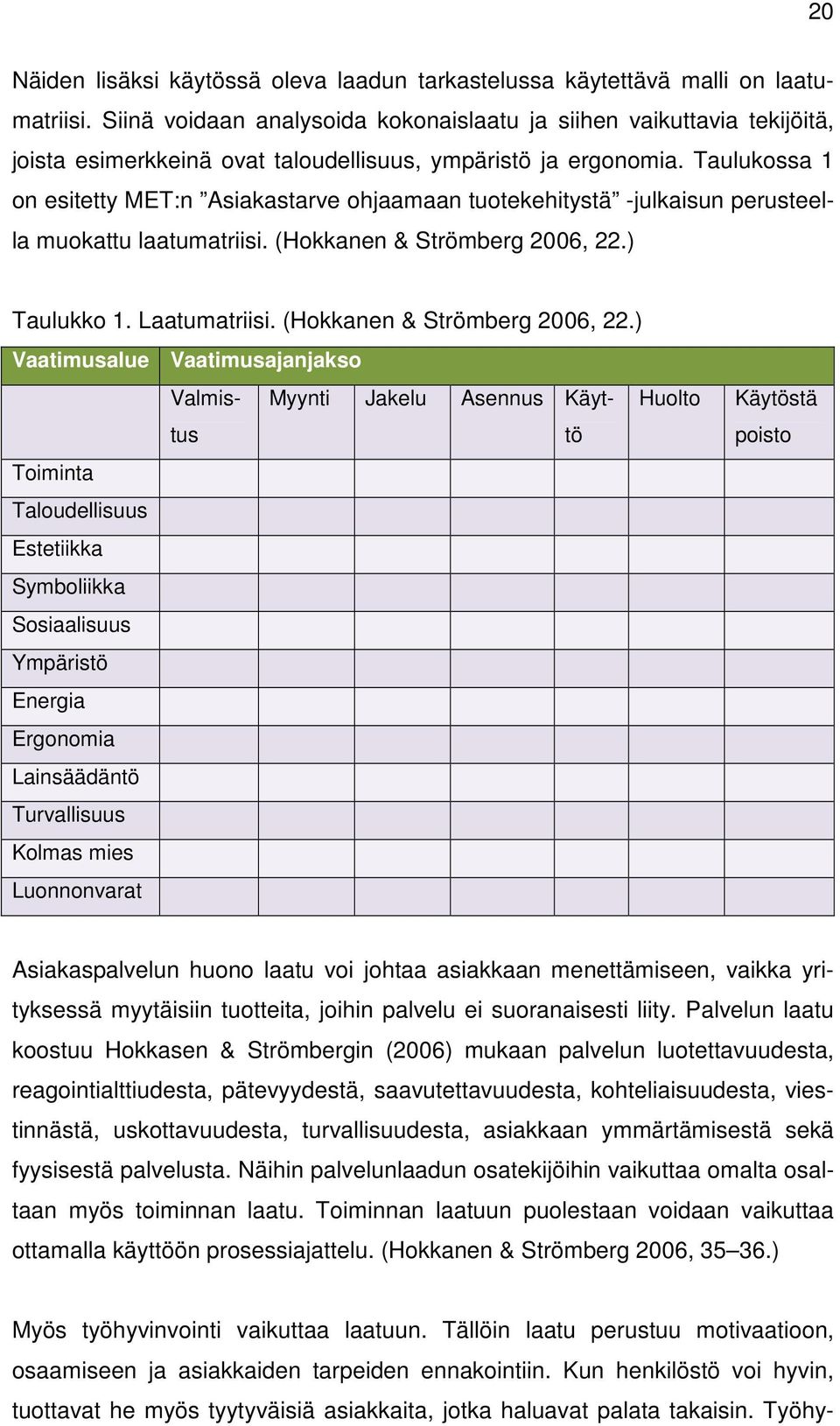 Taulukossa 1 on esitetty MET:n Asiakastarve ohjaamaan tuotekehitystä -julkaisun perusteella muokattu laatumatriisi. (Hokkanen & Strömberg 2006, 22.) Taulukko 1. Laatumatriisi.