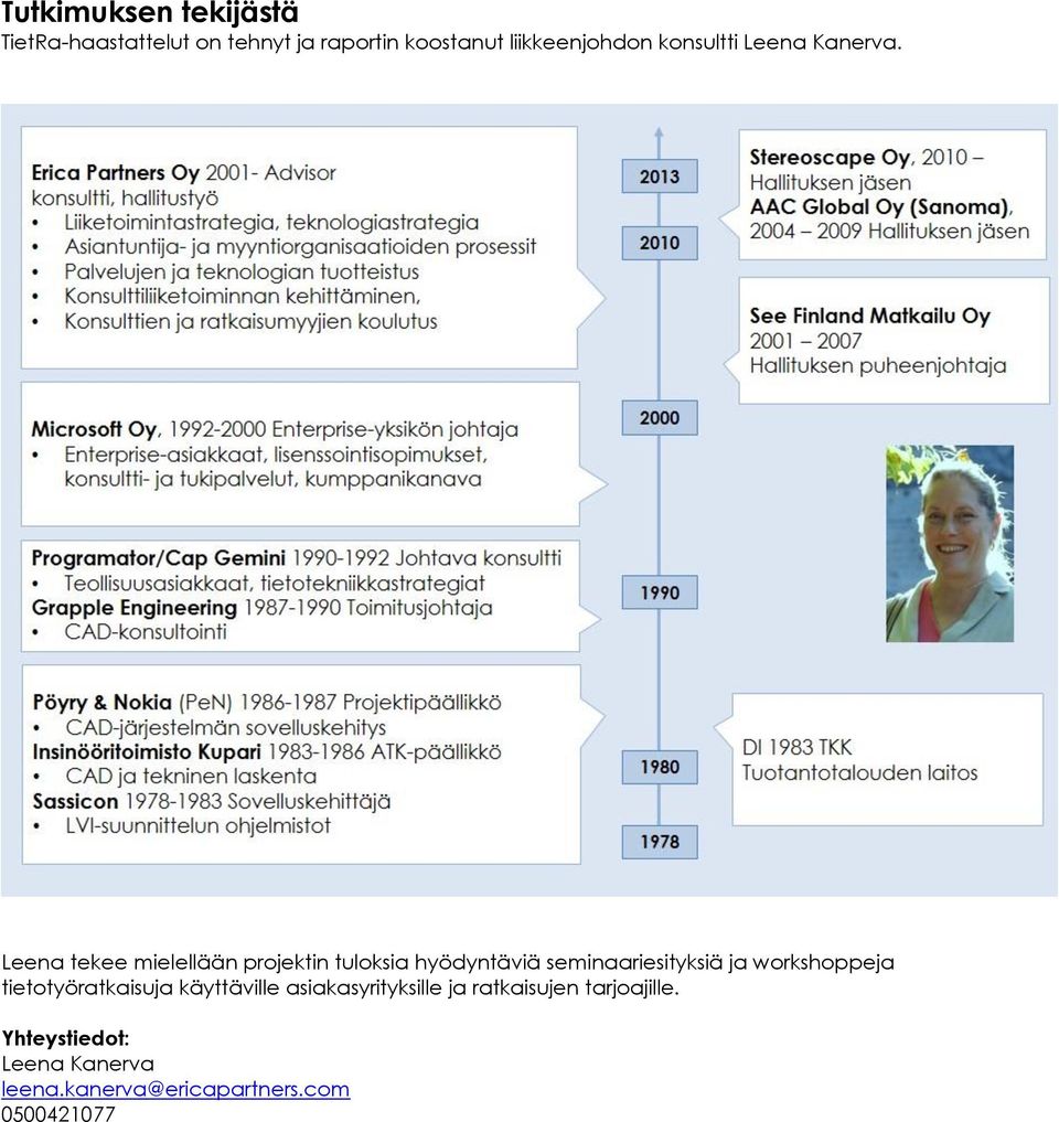 Leena tekee mielellään projektin tuloksia hyödyntäviä seminaariesityksiä ja