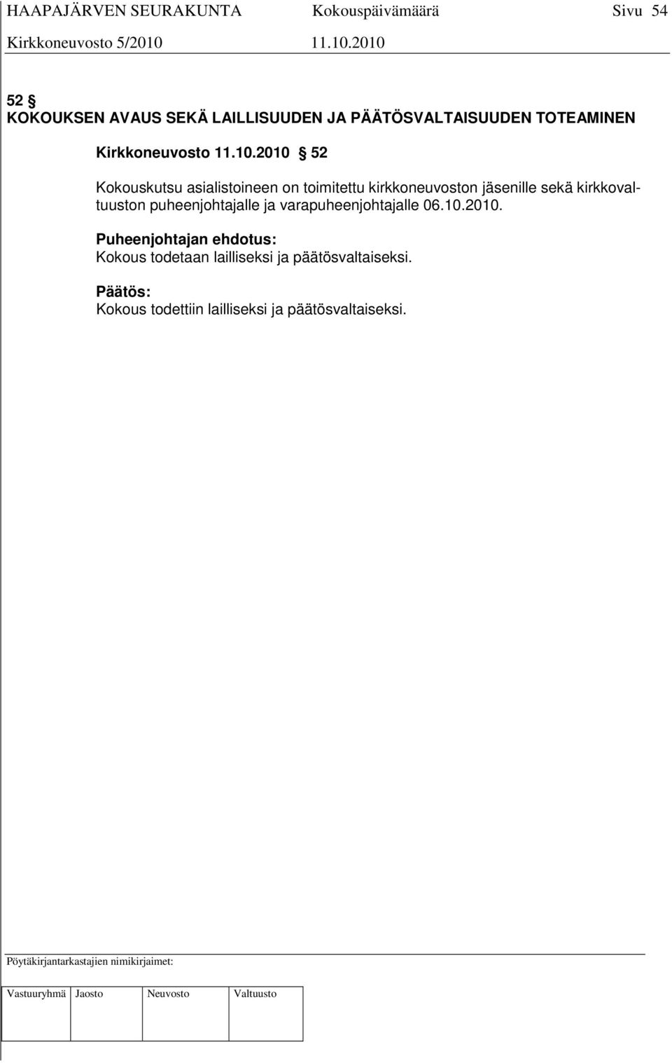 kirkkovaltuuston puheenjohtajalle ja varapuheenjohtajalle 06.10.2010.