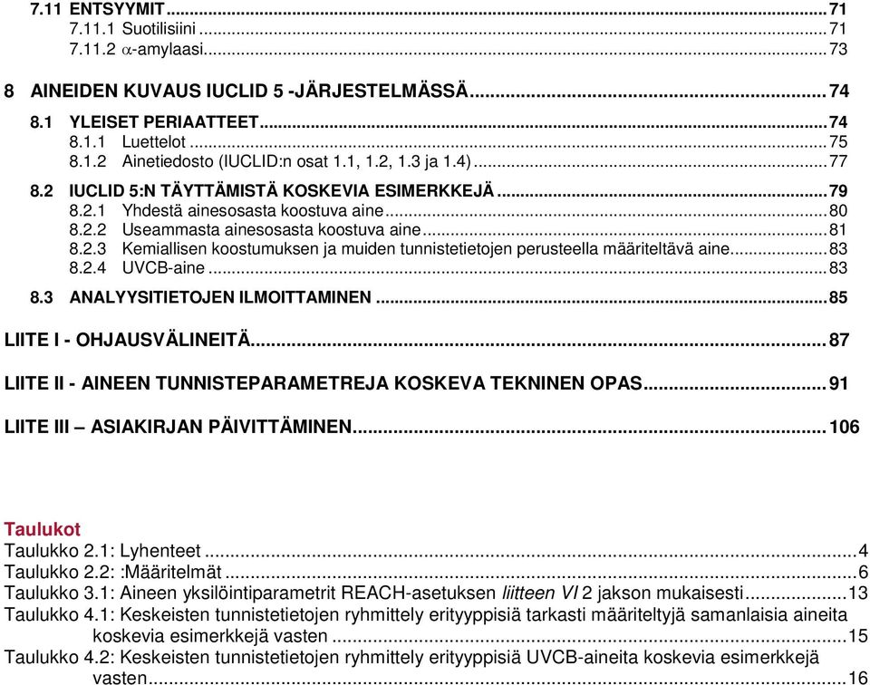 .. 83 8.2.4 UVCB-aine... 83 8.3 ANALYYSITIETOJEN ILMOITTAMINEN... 85 LIITE I - OHJAUSVÄLINEITÄ... 87 LIITE II - AINEEN TUNNISTEPARAMETREJA KOSKEVA TEKNINEN OPAS... 91 LIITE III ASIAKIRJAN PÄIVITTÄMINEN.