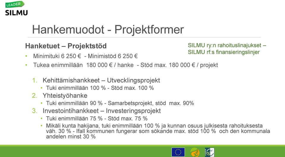 100 % 2. Yhteistyöhanke Tuki enimmillään 90 % - Samarbetsprojekt, stöd max. 90% 3. Investointihankkeet Investeringsprojekt Tuki enimmillään 75 % - Stöd max.