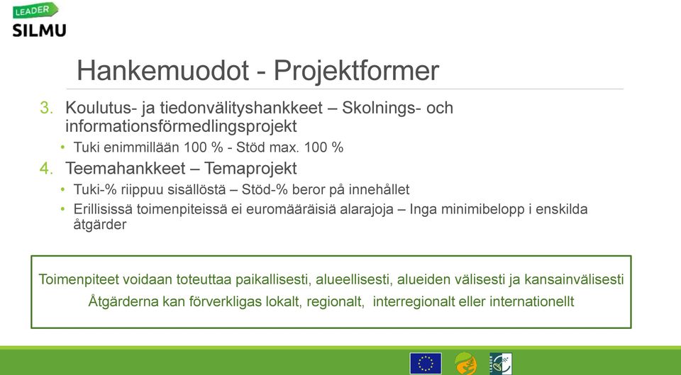 Teemahankkeet Temaprojekt Tuki-% riippuu sisällöstä Stöd-% beror på innehållet Erillisissä toimenpiteissä ei euromääräisiä