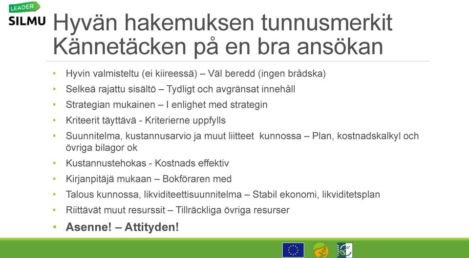 kustannusarvio ja muut liitteet kunnossa Plan, kostnadskalkyl och övriga bilagor ok Kustannustehokas - Kostnads effektiv Kirjanpitäjä mukaan