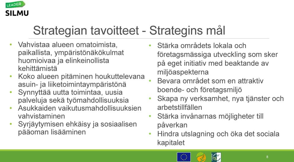Syrjäytymisen ehkäisy ja sosiaalisen pääoman lisääminen Stärka områdets lokala och företagsmässiga utveckling som sker på eget initiativ med beaktande av miljöaspekterna Bevara