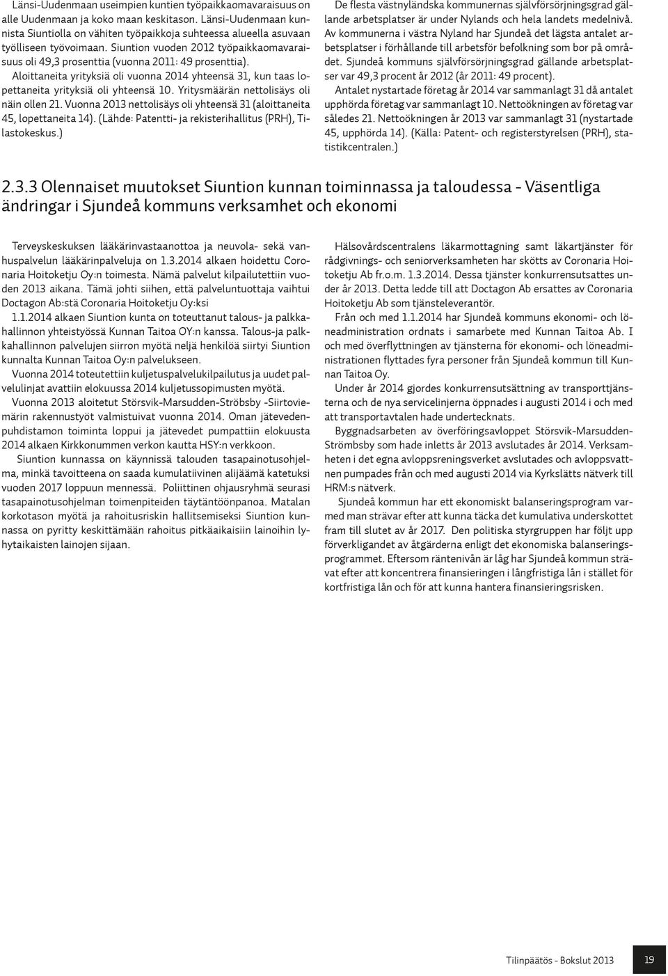 Siuntion vuoden 2012 työpaikkaomavaraisuus oli 49,3 prosenttia (vuonna 2011: 49 prosenttia). Aloittaneita yrityksiä oli vuonna 2014 yhteensä 31, kun taas lopettaneita yrityksiä oli yhteensä 10.