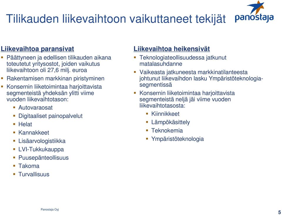 Kannakkeet Lisäarvologistiikka LVI-Tukkukauppa Puusepänteollisuus Takoma Turvallisuus Liikevaihtoa heikensivät Teknologiateollisuudessa jatkunut matalasuhdanne Vaikeasta jatkuneesta