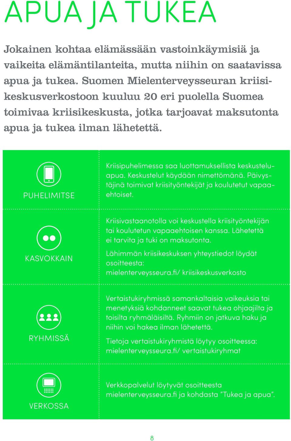 PUHELIMITSE Kriisipuhelimessa saa luottamuksellista keskusteluapua. Keskustelut käydään nimettömänä. Päivystäjinä toimivat kriisityöntekijät ja koulutetut vapaaehtoiset.