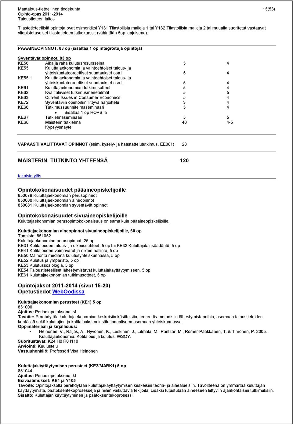 PÄÄAINEOPINNOT, 83 op (sisältää 1 op integroituja opintoja) Syventävät opinnot, 83 op KE56 Aika ja raha kulutusresursseina 5 4 KE55 Kuluttajaekonomia ja vaihtoehtoiset talous- ja