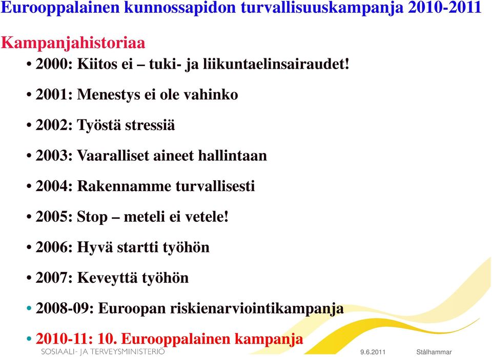 2001: Menestys ei ole vahinko 2002: Työstä stressiä 2003: Vaaralliset aineet hallintaan 2004: