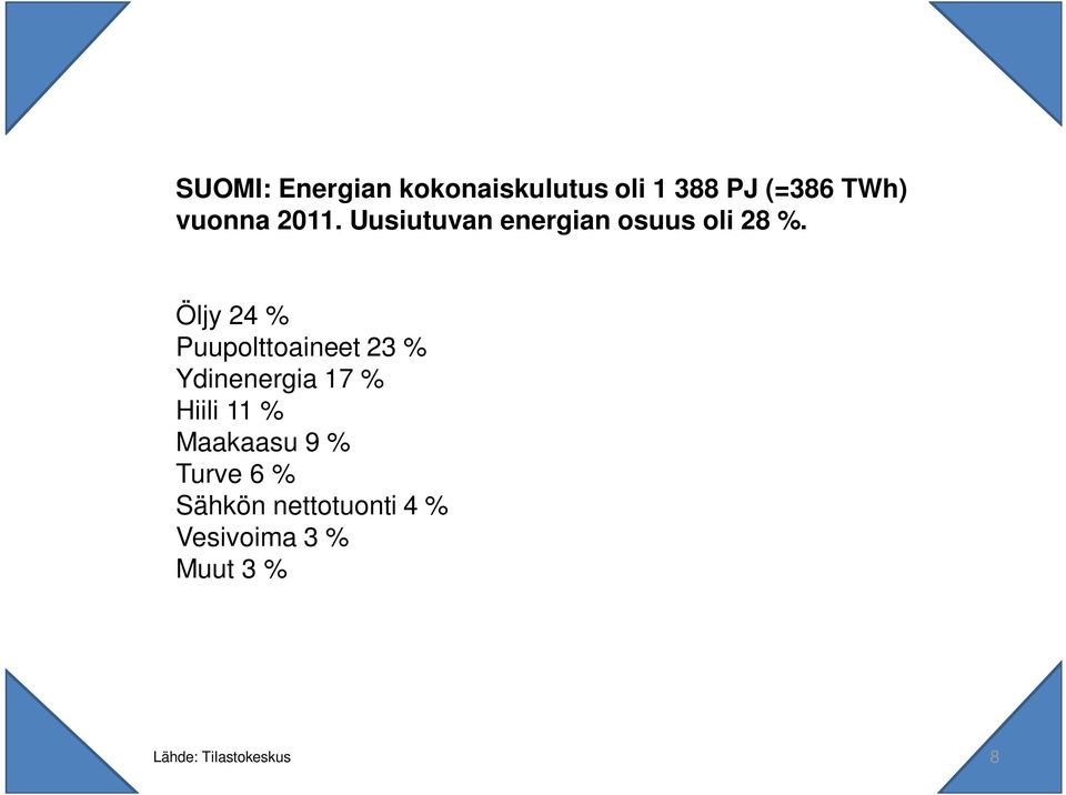 Öljy 24 % Puupolttoaineet 23 % Ydinenergia 17 % Hiili 11 %