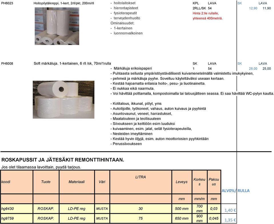 1-kertainen, 6 rll /sk, 70m/1rulla SK LAVA SK LAVA - Märkäluja erikoispaperi 1 54 28,00 25,00 - Puhtaasta sellusta ympäristöystävällisesti kuivamenetelmällä valmistettu imukykyinen, - pehmeä ja