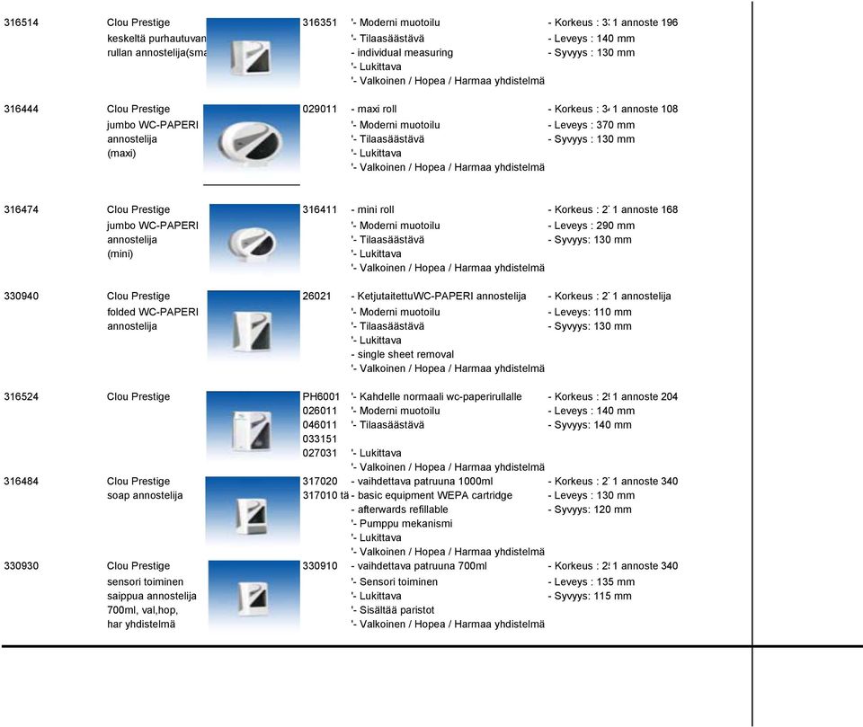 316474 Clou Prestige 316411 - mini roll - Korkeus : 270 1 annostelija mm 168 jumbo WC-PAPERI '- Moderni muotoilu - Leveys : 290 mm annostelija '- Tilaasäästävä - Syvyys: 130 mm (mini) 330940 Clou