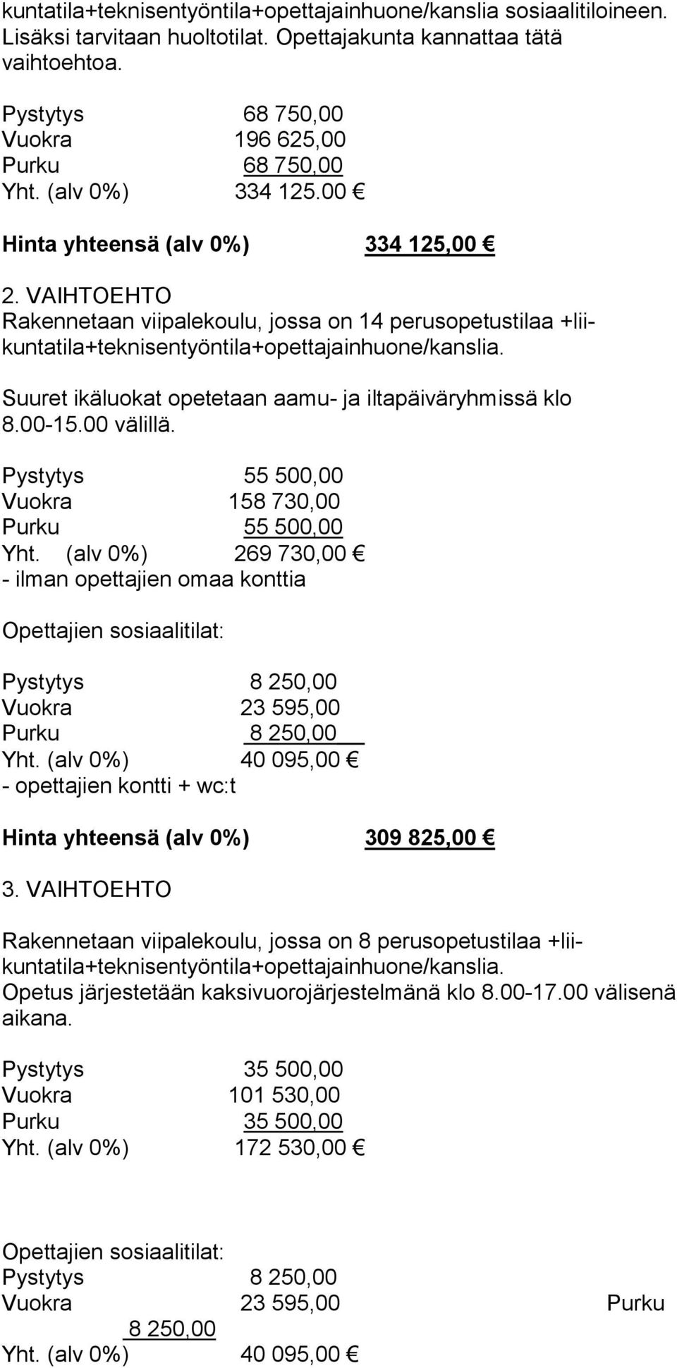 VAIHTOEHTO Rakennetaan viipalekoulu, jossa on 14 perusopetustilaa +liikuntatila+teknisentyöntila+opettajainhuone/kanslia. Suuret ikäluokat opetetaan aamu- ja iltapäiväryhmissä klo 8.00-15.00 välillä.