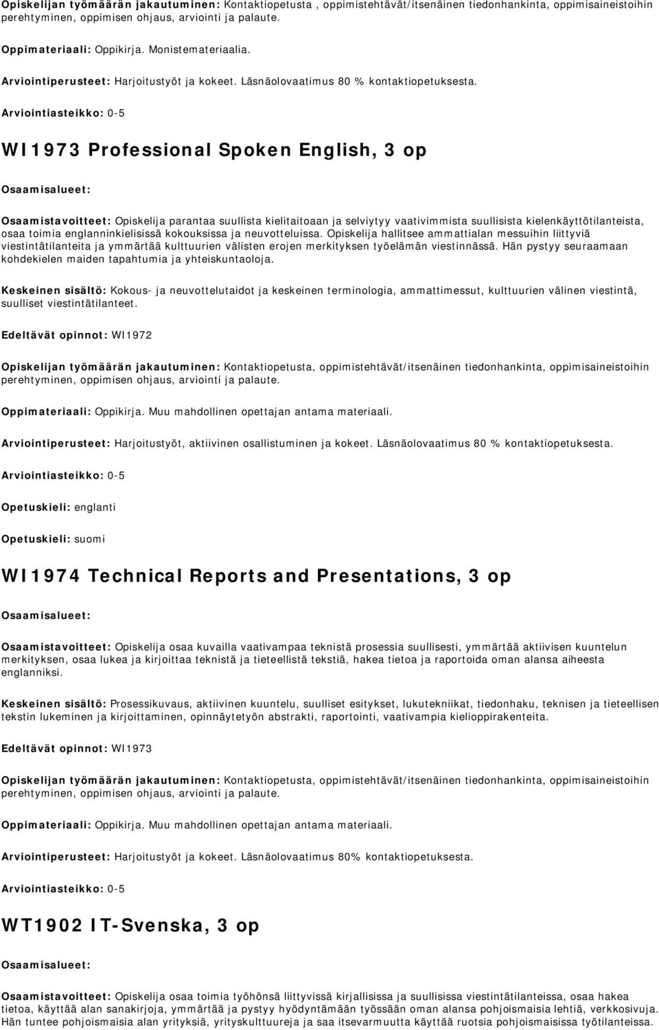 WI1973 Professional Spoken English, 3 op Osaamistavoitteet: Opiskelija parantaa suullista kielitaitoaan ja selviytyy vaativimmista suullisista kielenkäyttötilanteista, osaa toimia englanninkielisissä