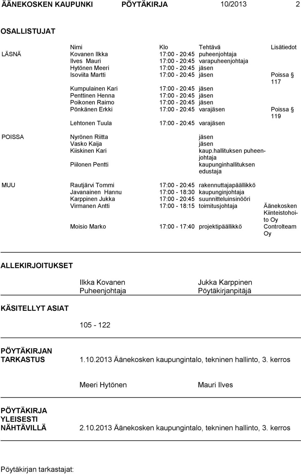119 Lehtonen Tuula 17:00-20:45 varajäsen POISSA Nyrönen Riitta jäsen Vasko Kaija jäsen Kiiskinen Kari kaup.