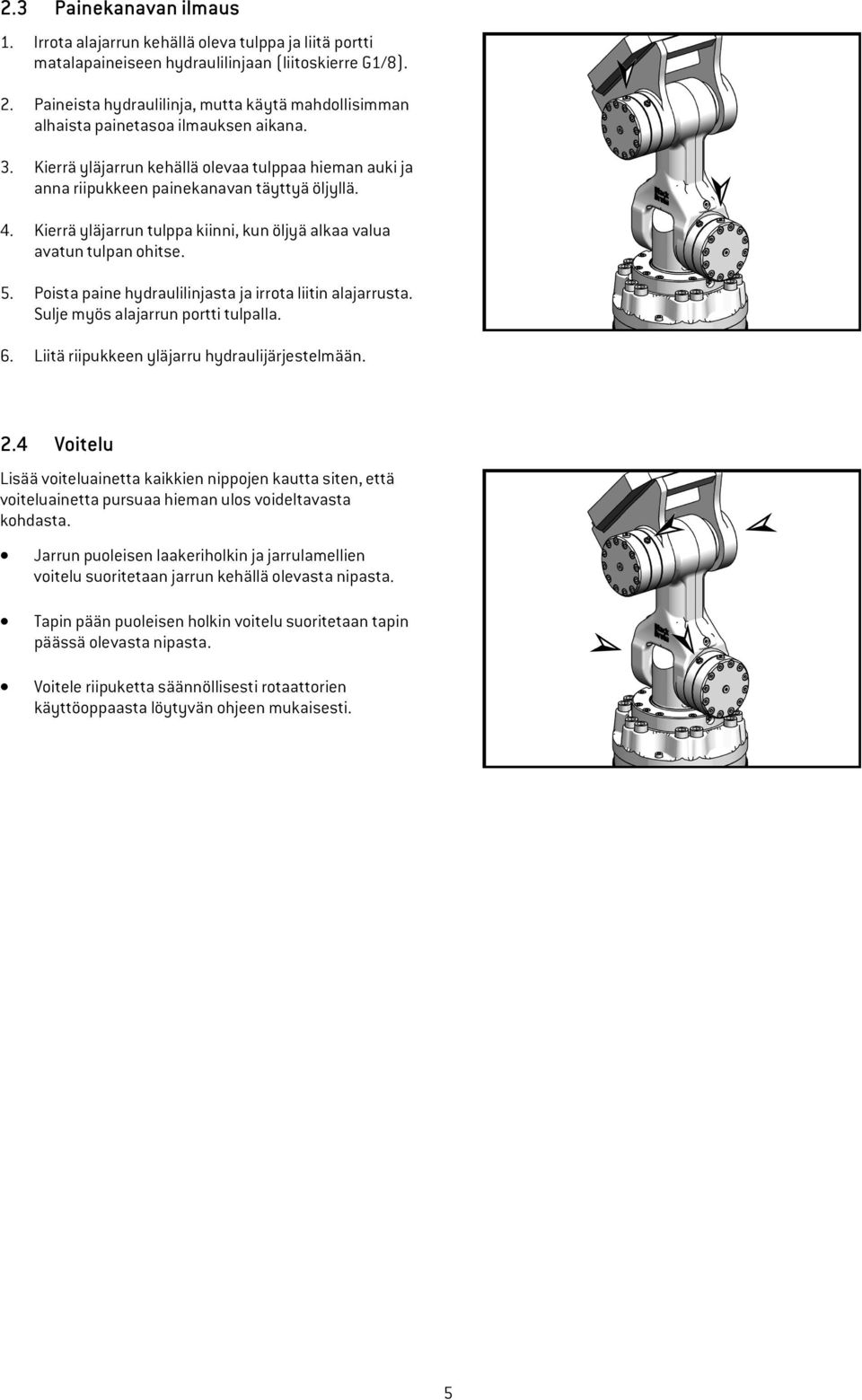 Kierrä yläjarrun tulppa kiinni, kun öljyä alkaa valua avatun tulpan ohitse. 5. Poista paine hydraulilinjasta ja irrota liitin alajarrusta. Sulje myös alajarrun portti tulpalla. 6.