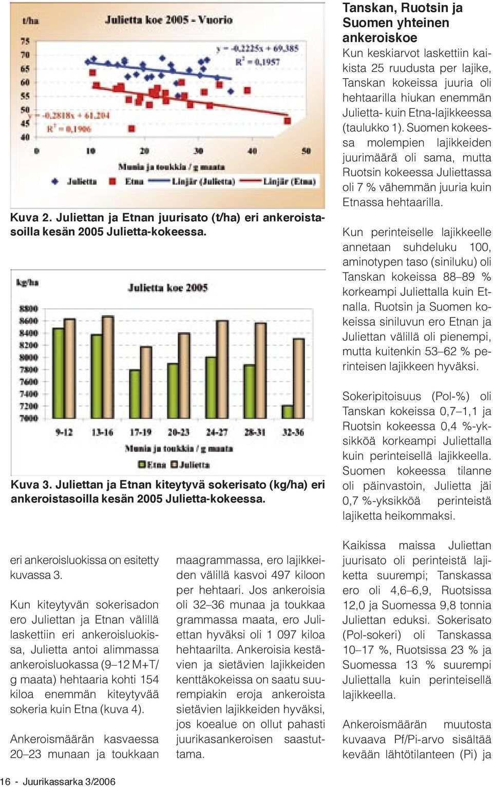 Tanskan, Ruotsin ja Suomen yhteinen ankeroiskoe Kun keskiarvot laskettiin kaikista 25 ruudusta per lajike, Tanskan kokeissa juuria oli hehtaarilla hiukan enemmän Julietta- kuin Etna-lajikkeessa