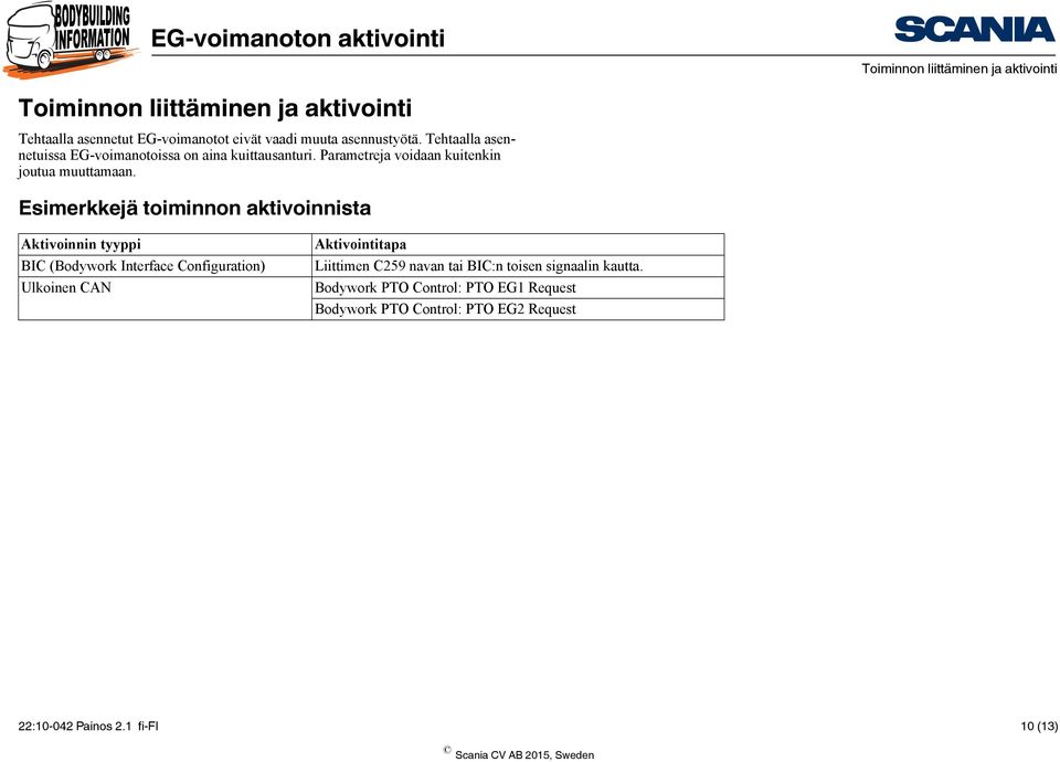 Esimerkkejä toiminnon aktivoinnista Aktivoinnin tyyppi BIC (Bodywork Interface Configuration) Ulkoinen CAN Aktivointitapa Liittimen