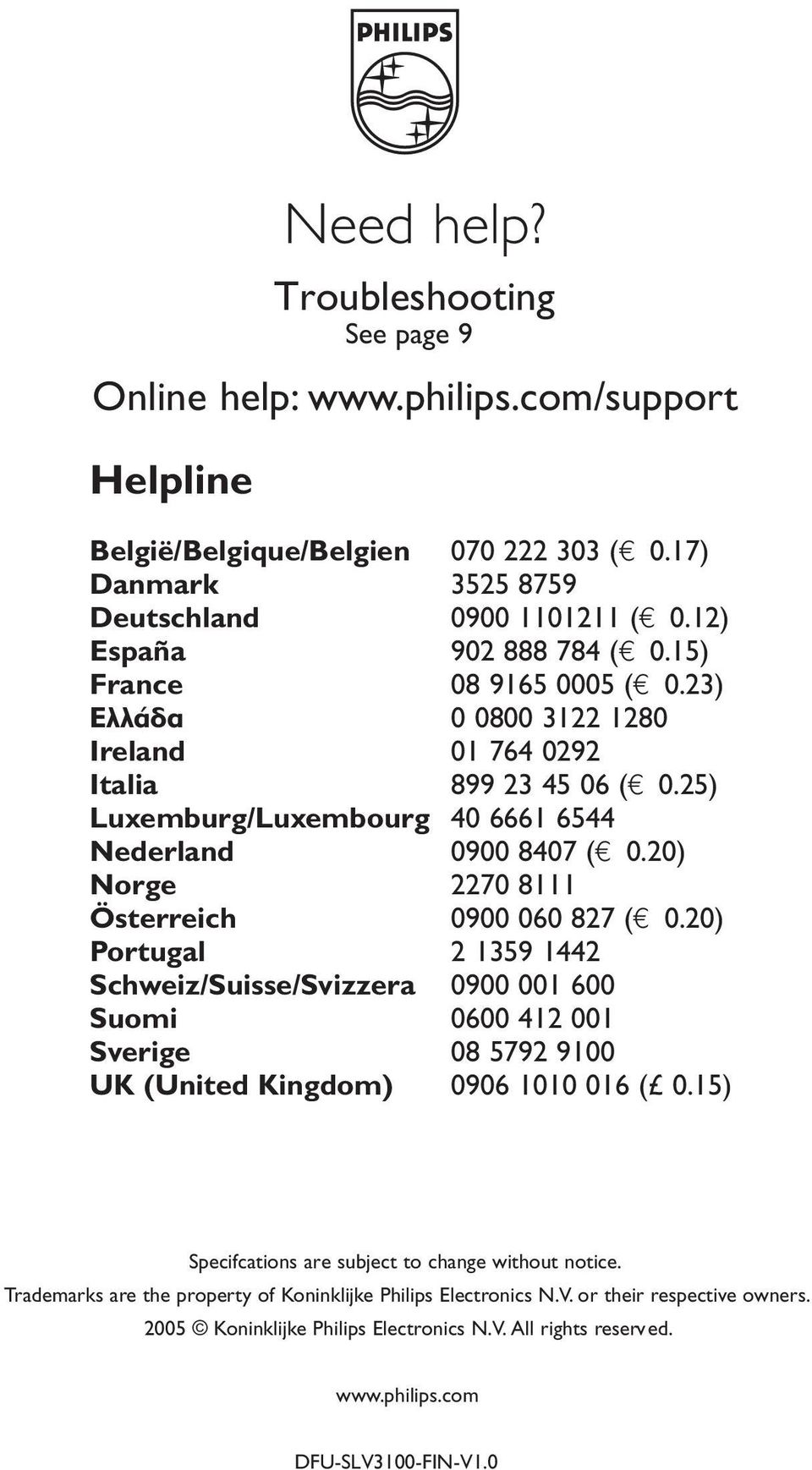 20) Norge 2270 8111 Österreich 0900 060 827 ( 0.20) Portugal 2 1359 1442 Schweiz/Suisse/Svizzera 0900 001 600 Suomi 0600 412 001 Sverige 08 5792 9100 UK (United Kingdom) 0906 1010 016 ( 0.