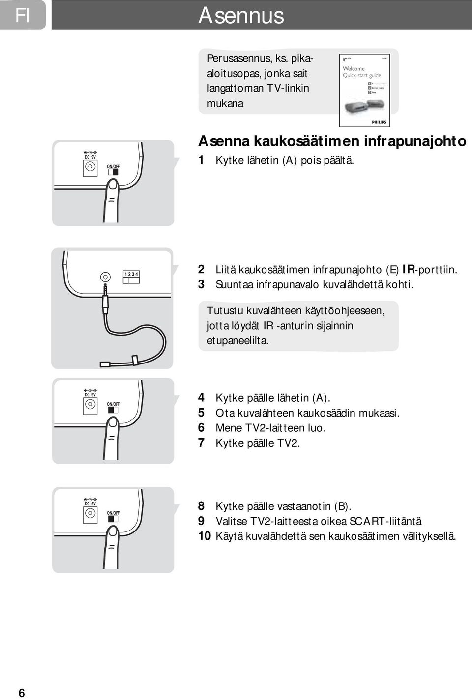 1 2 3 4 2 Liitä kaukosäätimen infrapunajohto (E) IR-porttiin. 3 Suuntaa infrapunavalo kuvalähdettä kohti.