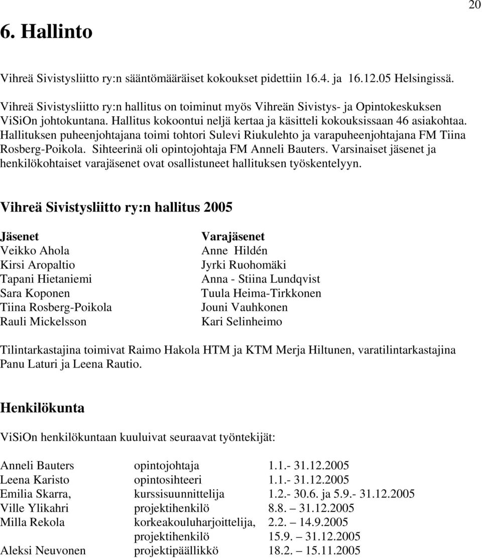 Hallituksen puheenjohtajana toimi tohtori Sulevi Riukulehto ja varapuheenjohtajana FM Tiina Rosberg-Poikola. Sihteerinä oli opintojohtaja FM Anneli Bauters.