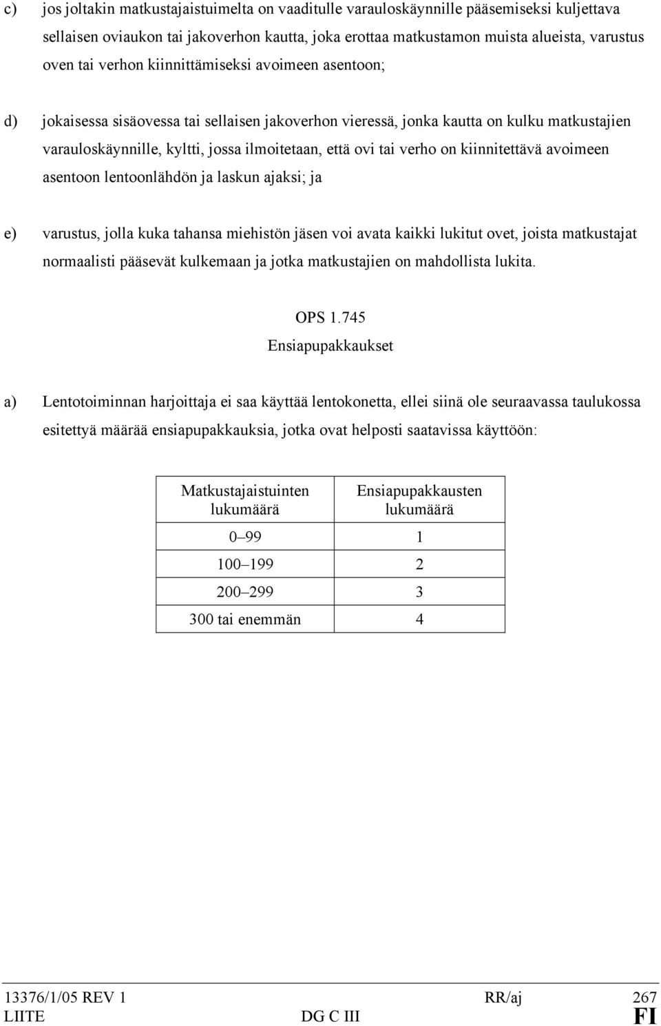 verho on kiinnitettävä avoimeen asentoon lentoonlähdön ja laskun ajaksi; ja e) varustus, jolla kuka tahansa miehistön jäsen voi avata kaikki lukitut ovet, joista matkustajat normaalisti pääsevät