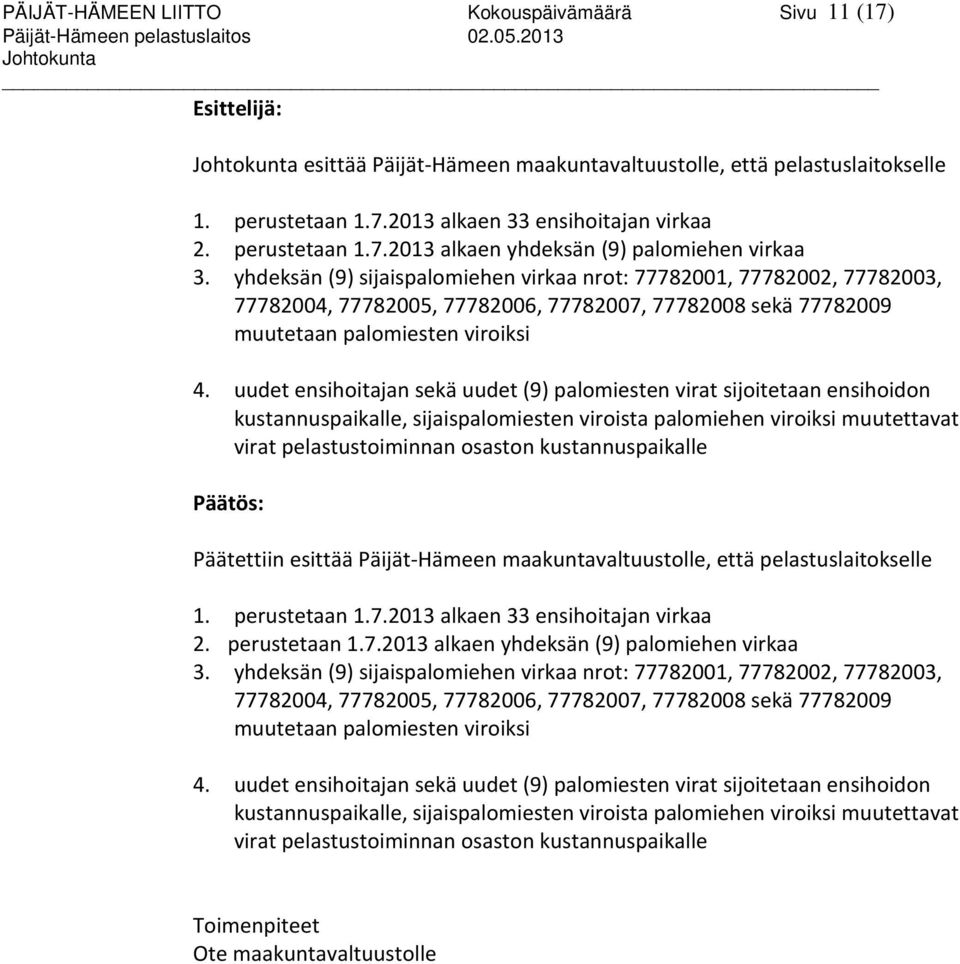 yhdeksän (9) sijaispalomiehen virkaa nrot: 77782001, 77782002, 77782003, 77782004, 77782005, 77782006, 77782007, 77782008 sekä 77782009 muutetaan palomiesten viroiksi 4.