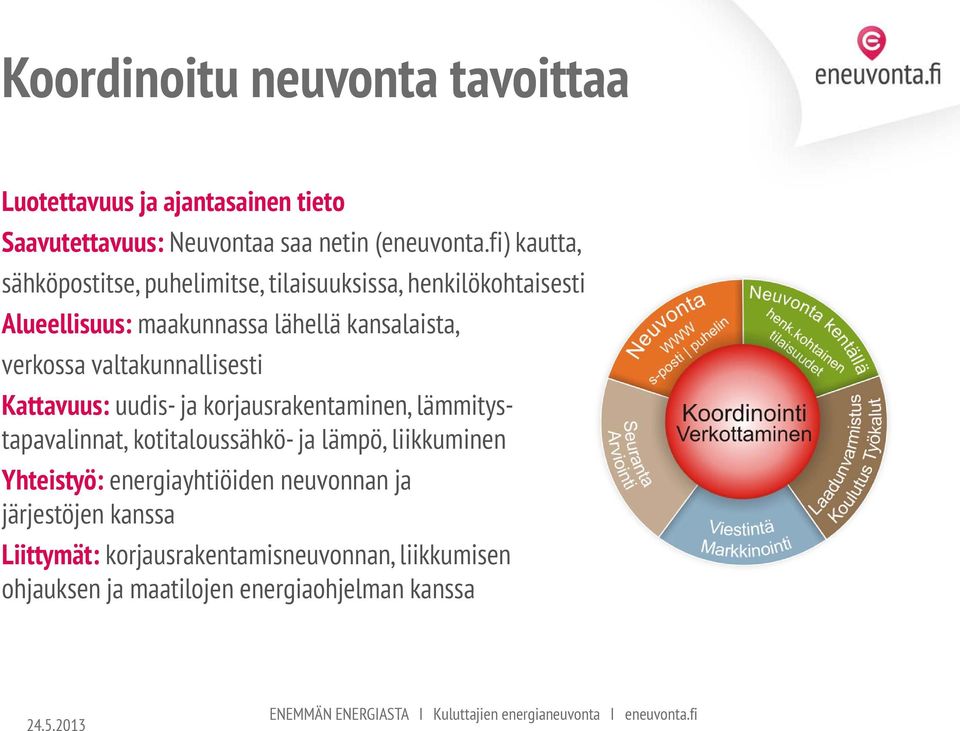 Kattavuus: uudis- ja korjausrakentaminen, lämmitystapavalinnat, kotitaloussähkö- ja lämpö, liikkuminen Yhteistyö: energiayhtiöiden neuvonnan ja