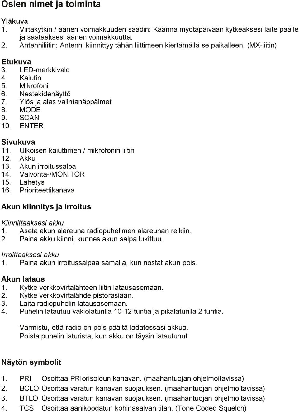 MODE 9. SCAN 10. ENTER Sivukuva 11. Ulkoisen kaiuttimen / mikrofonin liitin 12. Akku 13. Akun irroitussalpa 14. Valvonta-/MONITOR 15. Lähetys 16.