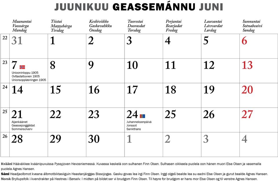 Juhanneksenpäivä Jonssot Sankthans 28 29 30 1 2 3 4 Sunnuntai Sotnabeaivi Søndag Kvääni Hääväkkee kväänipuvuissa Pyssyjoven Hevosniemessä. Kuvassa keskelä oon sulhanen Finn Olsen.