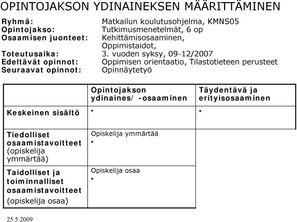 vuoden syksy, 09 12/2007 Edeltävät opinnot: Oppimisen orientaatio, Tilastotieteen perusteet Seuraavat opinnot: Opinnäytetyö Keskeinen