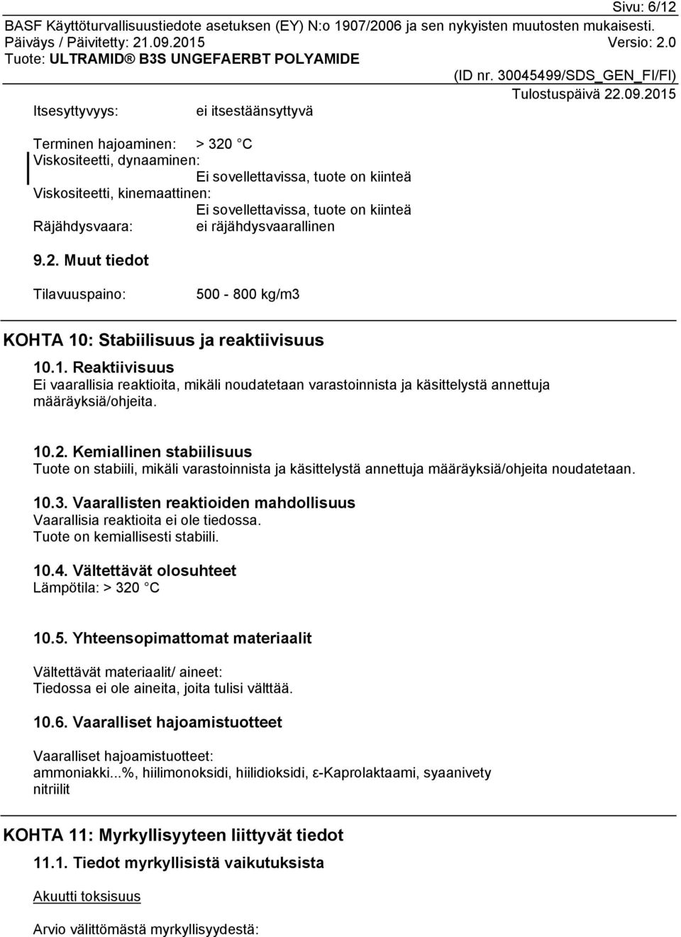 : Stabiilisuus ja reaktiivisuus 10.1. Reaktiivisuus Ei vaarallisia reaktioita, mikäli noudatetaan varastoinnista ja käsittelystä annettuja määräyksiä/ohjeita. 10.2.