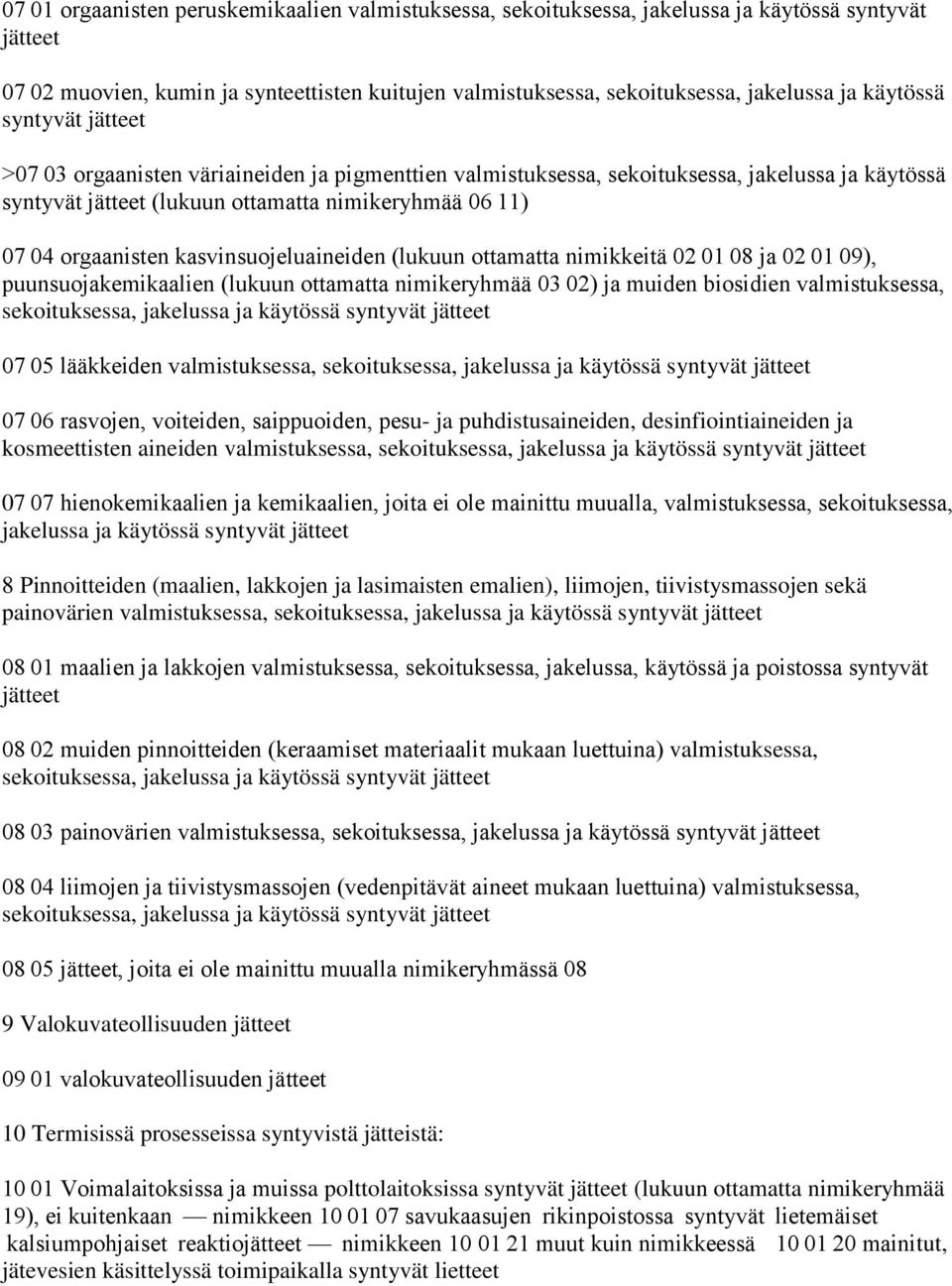 nimikkeitä 02 01 08 ja 02 01 09), puunsuojakemikaalien (lukuun ottamatta nimikeryhmää 03 02) ja muiden biosidien valmistuksessa, sekoituksessa, jakelussa ja käytössä 07 05 lääkkeiden valmistuksessa,