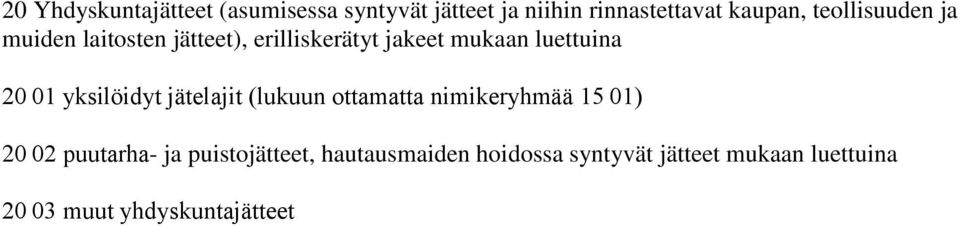 yksilöidyt jätelajit (lukuun ottamatta nimikeryhmää 15 01) 20 02