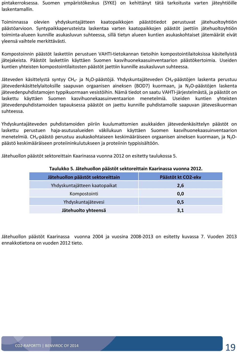 Syntypaikkaperusteista laskentaa varten kaatopaikkojen päästöt jaettiin jätehuoltoyhtiön toiminta-alueen kunnille asukasluvun suhteessa, sillä tietyn alueen kuntien asukaskohtaiset jätemäärät eivät