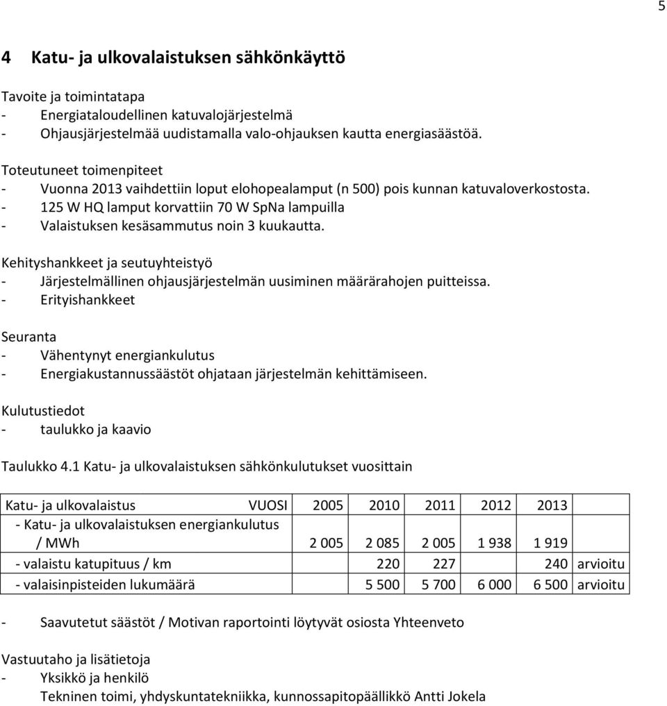 - 125 W HQ lamput korvattiin 70 W SpNa lampuilla - Valaistuksen kesäsammutus noin 3 kuukautta.