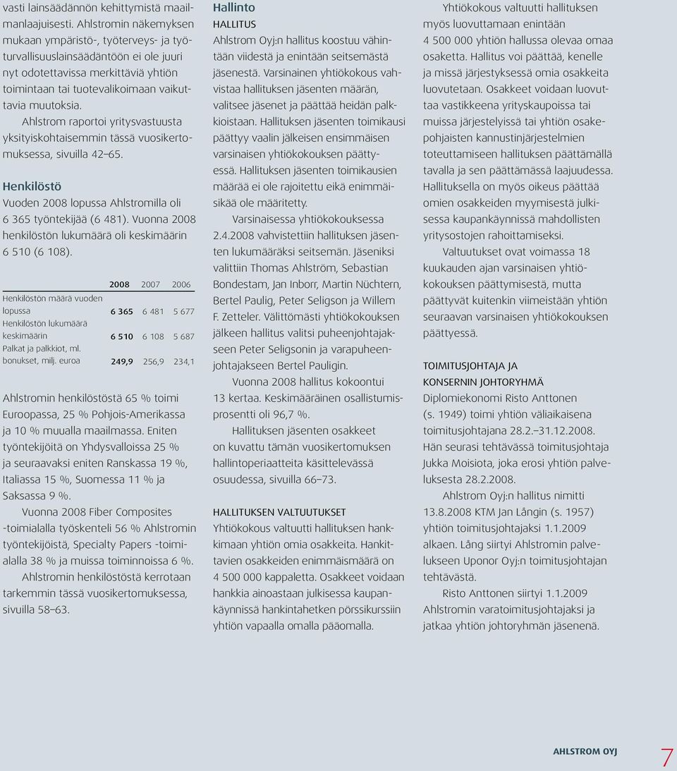 Ahlstrom raportoi yritysvastuusta yksityiskohtaisemmin tässä vuosikertomuksessa, sivuilla 42 65. Henkilöstö Vuoden 2008 lopussa Ahlstromilla oli 6 365 työntekijää (6 481).