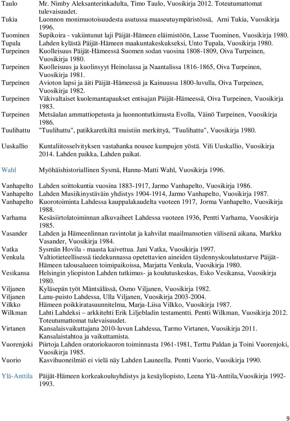 Turpeinen Kuolleisuus Päijät-Hämeessä Suomen sodan vuosina 1808-1809, Oiva Turpeinen, Vuosikirja 1980.