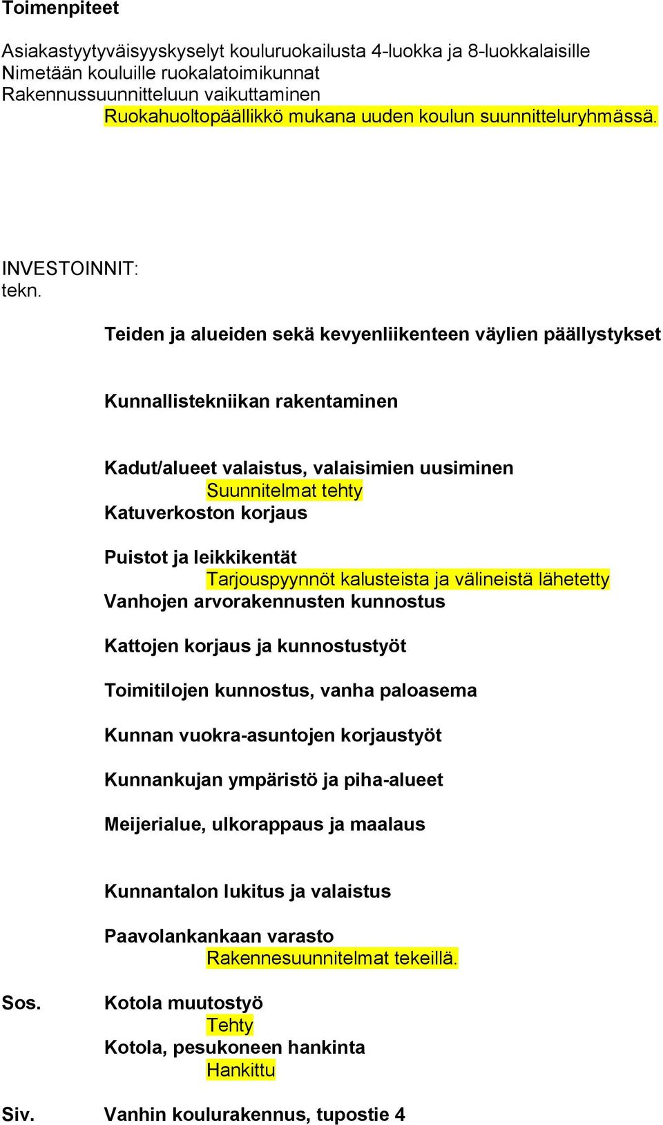 Teiden ja alueiden sekä kevyenliikenteen väylien päällystykset Kunnallistekniikan rakentaminen Kadut/alueet valaistus, valaisimien uusiminen Suunnitelmat tehty Katuverkoston korjaus Puistot ja