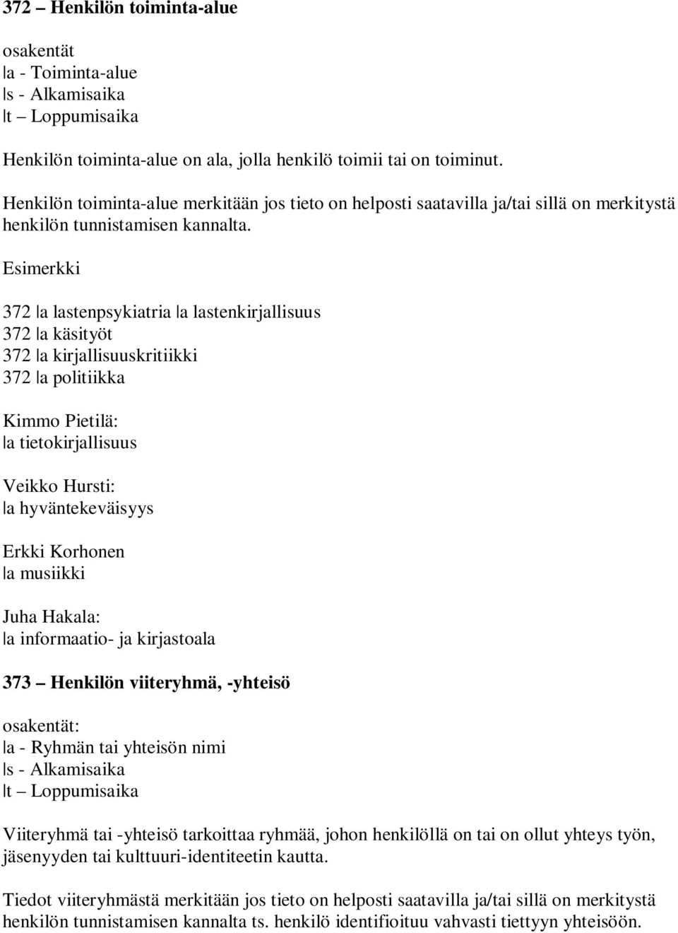 Esimerkki 372 a lastenpsykiatria a lastenkirjallisuus 372 a käsityöt 372 a kirjallisuuskritiikki 372 a politiikka Kimmo Pietilä: a tietokirjallisuus Veikko Hursti: a hyväntekeväisyys Erkki Korhonen a