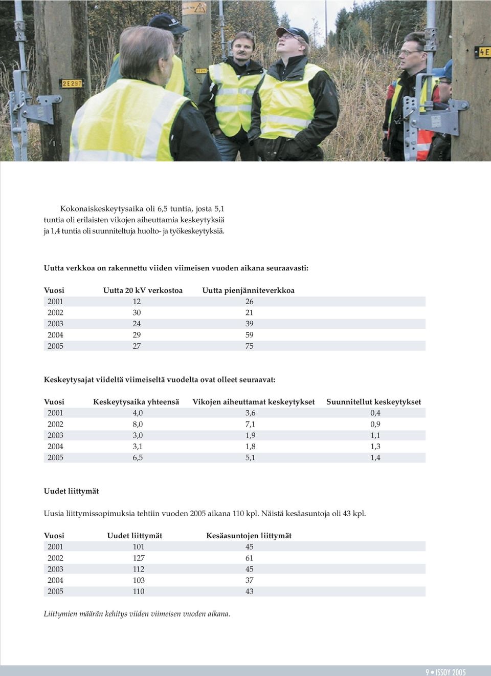 viideltä viimeiseltä vuodelta ovat olleet seuraavat: Vuosi Keskeytysaika yhteensä Vikojen aiheuttamat keskeytykset Suunnitellut keskeytykset 2001 4,0 3,6 0,4 2002 8,0 7,1 0,9 2003 3,0 1,9 1,1 2004