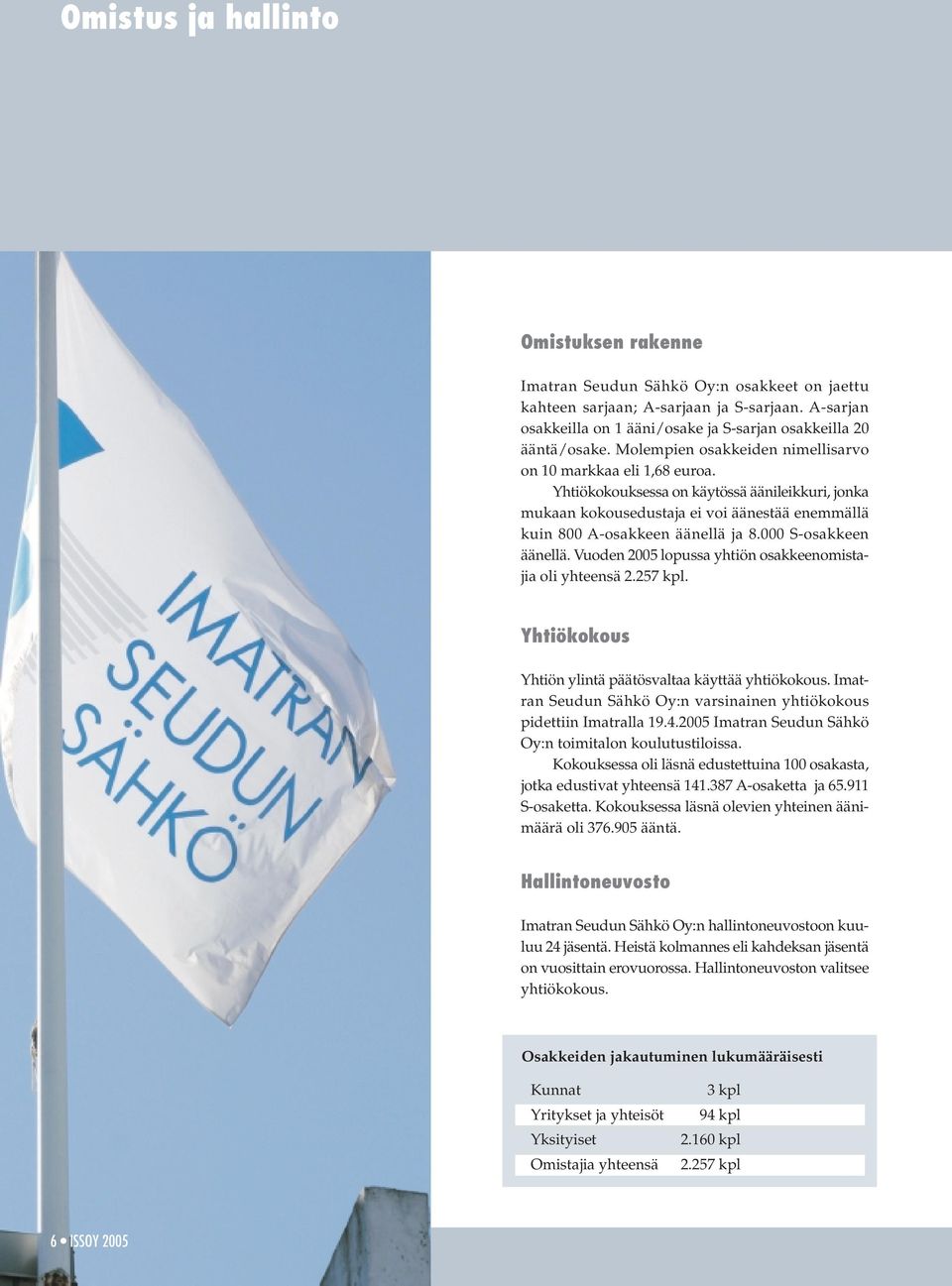 000 S-osakkeen äänellä. Vuoden 2005 lopussa yhtiön osakkeenomistajia oli yhteensä 2.257 kpl. Yhtiökokous Yhtiön ylintä päätösvaltaa käyttää yhtiökokous.