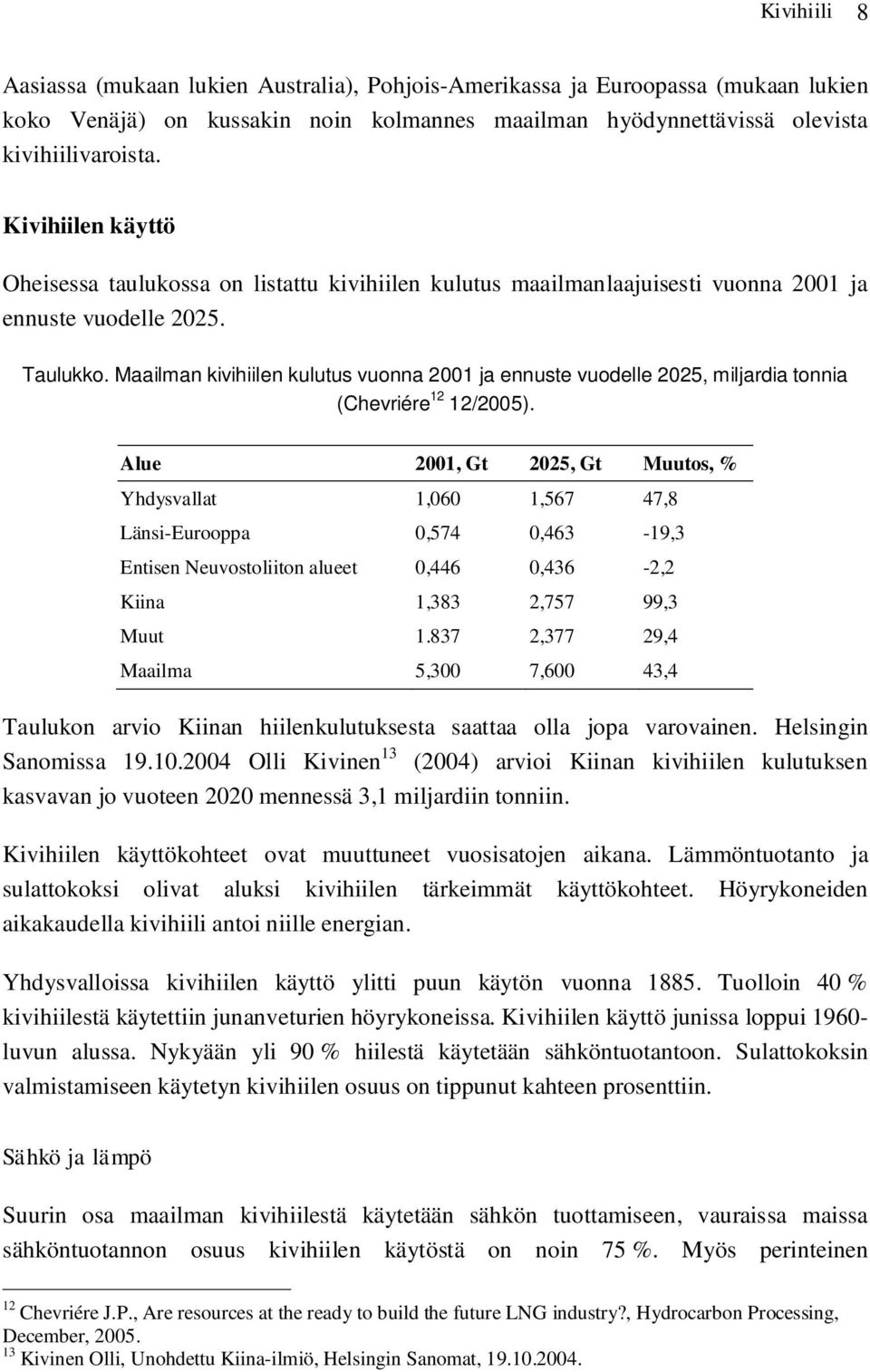 Maailman kivihiilen kulutus vuonna 2001 ja ennuste vuodelle 2025, miljardia tonnia (Chevriére 12 12/2005).