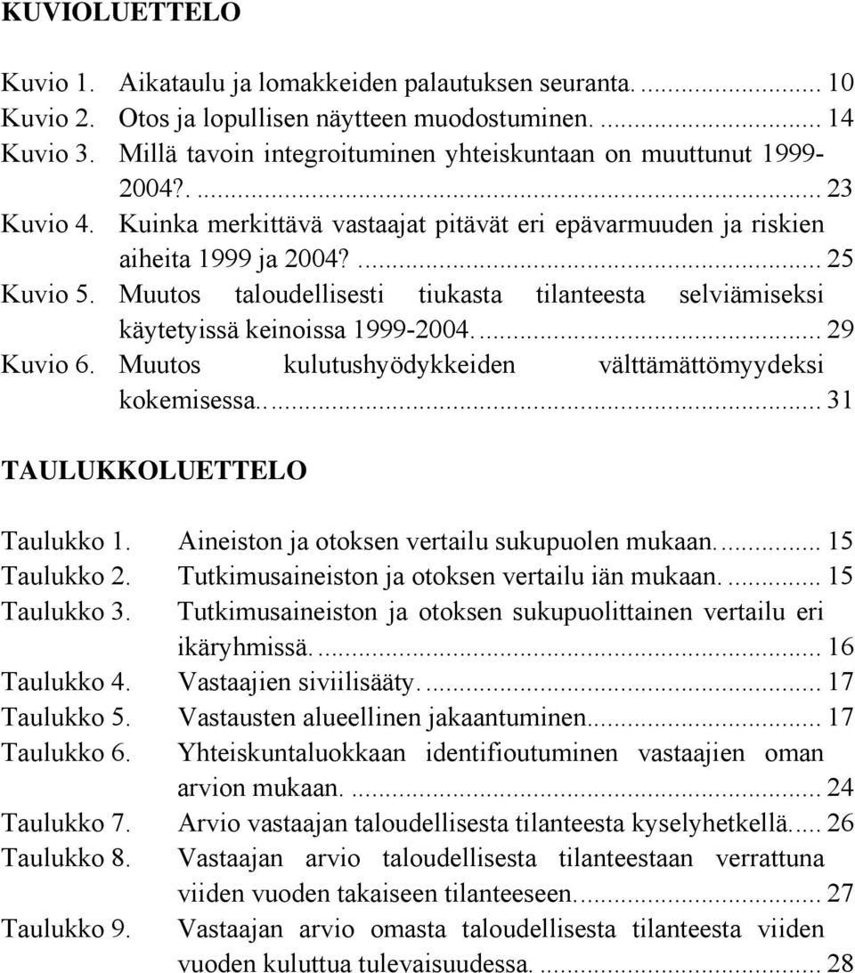 Muutos taloudellisesti tiukasta tilanteesta selviämiseksi käytetyissä keinoissa 1999-2004... 29 Kuvio 6. Muutos kulutushyödykkeiden välttämättömyydeksi kokemisessa... 31 TAULUKKOLUETTELO Taulukko 1.