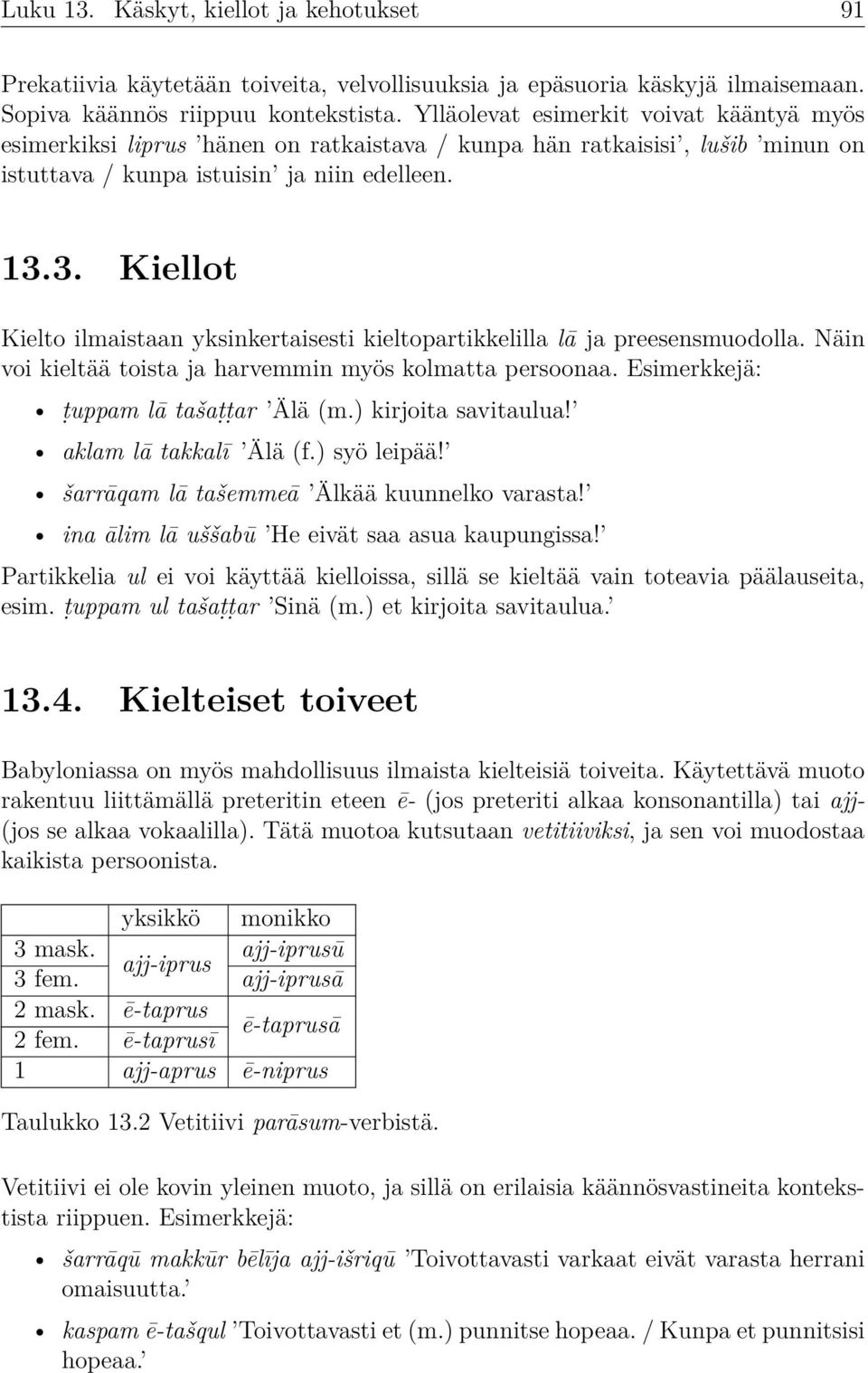 3. Kiellot Kielto ilmaistaan yksinkertaisesti kieltopartikkelilla lā ja preesensmuodolla. Näin voi kieltää toista ja harvemmin myös kolmatta persoonaa. Esimerkkejä: ṭuppam lā tašaṭṭar Älä (m.