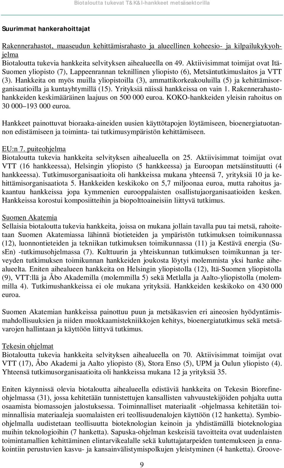 Hankkeita on myös muilla yliopistoilla (), ammattikorkeakouluilla (5) ja kehittämisorganisaatioilla ja kuntayhtymillä (5). Yrityksiä näissä hankkeissa on vain.