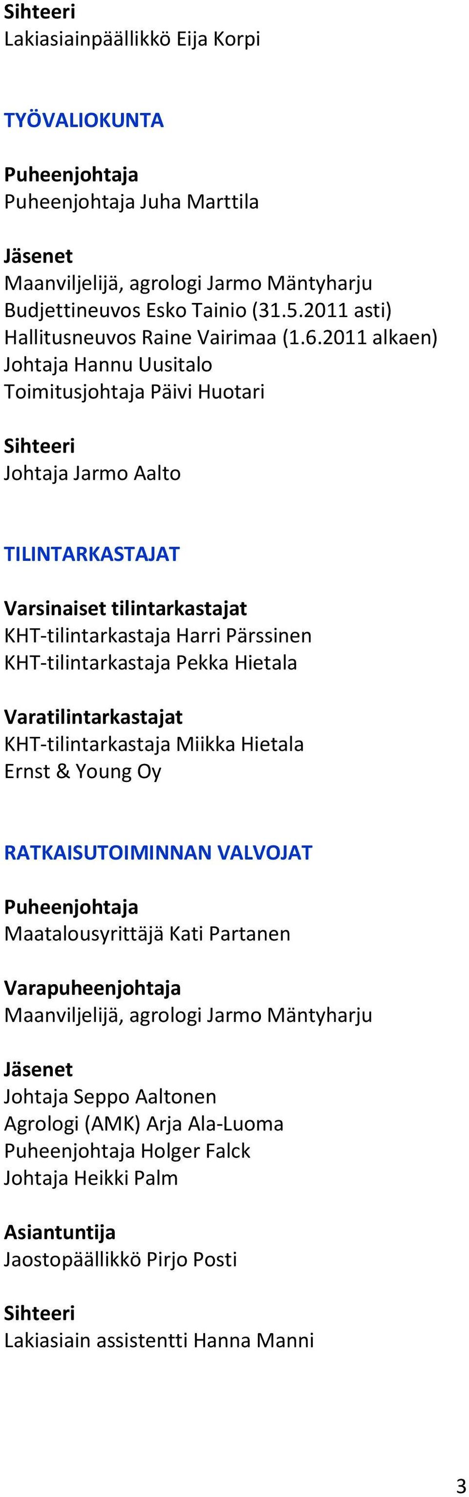 Varatilintarkastajat KHT-tilintarkastaja Miikka Hietala Ernst & Young Oy RATKAISUTOIMINNAN VALVOJAT Maatalousyrittäjä Kati Partanen Varapuheenjohtaja Maanviljelijä, agrologi